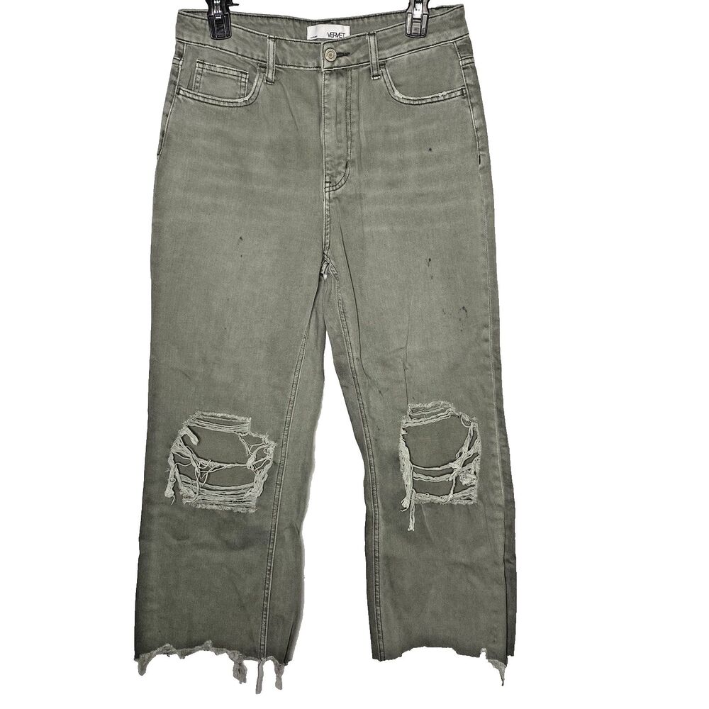 Vervet Flying Monkey Cropped Jeans Womens 29 8 Wide Leg High Rise Destroyed Gray